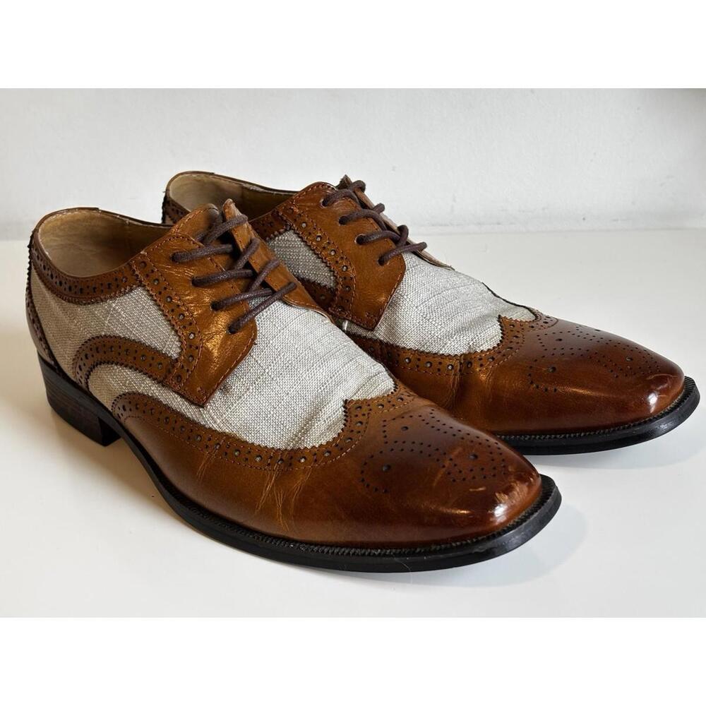 Stacy Adams Wingtip Oxford Shoes 7M Tan & Cream Linen – Preowned Excellent